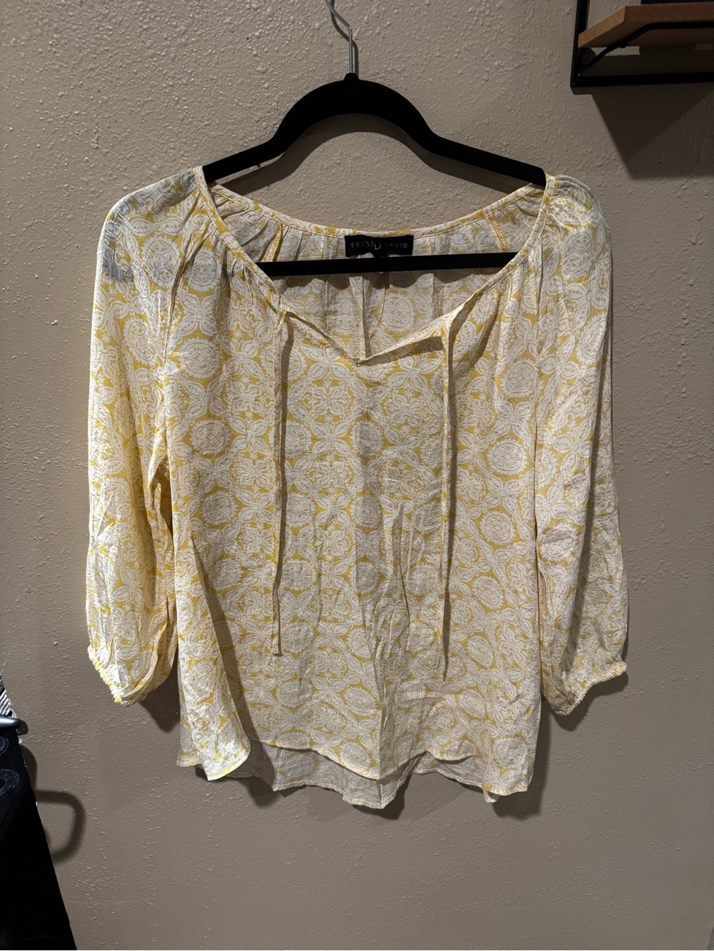 Fred David Yellow Printed Peasant Blouse with Tie Neck
